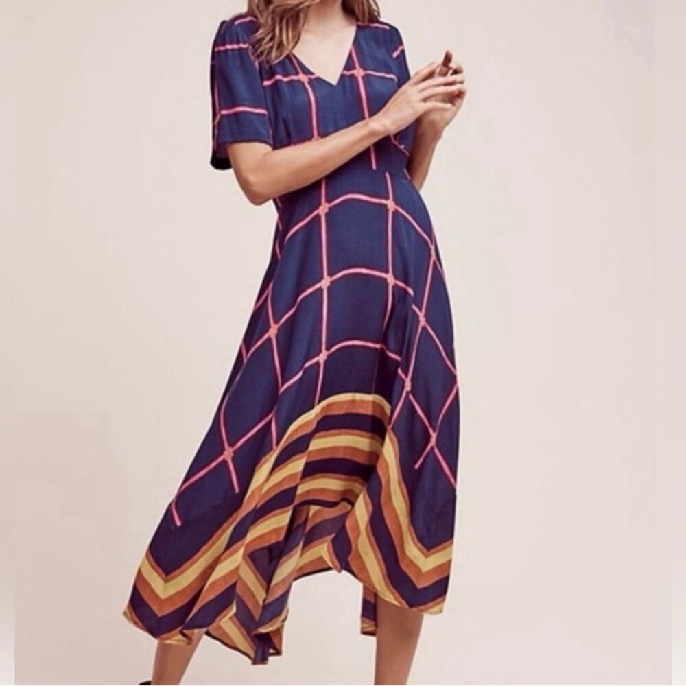 Anthropologie HD in Paris Windowpane Handkerchief Midi Dress Navy Pink Stripe 4